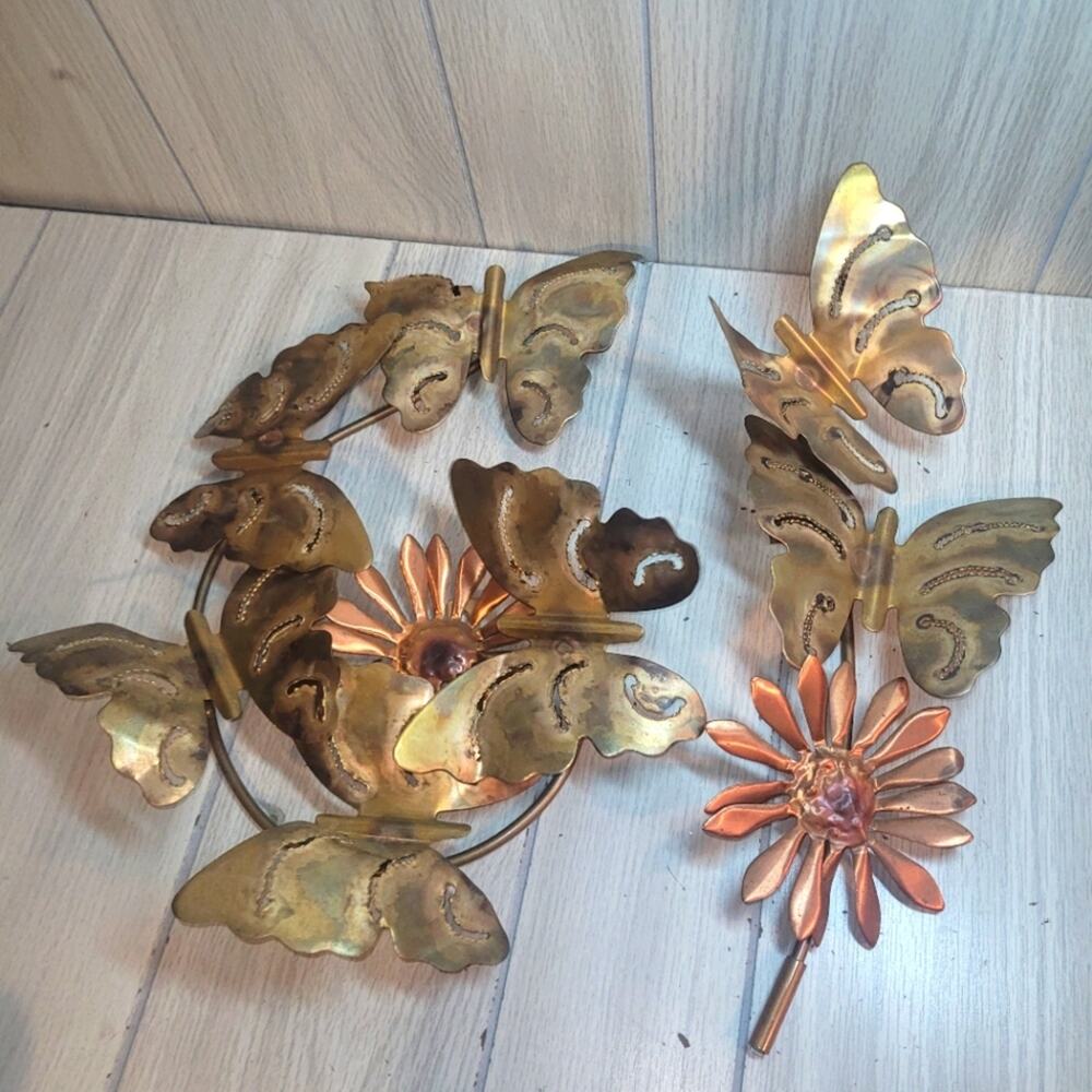 Vtg Brass Copper Butterfly & Daisy 2 Piece Gallery Wall Art Decor MCM Farmhouse